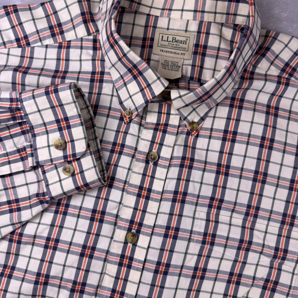 LL Bean Plaid Button Down Shirt Men XXL Tall Traditional Fit Cotton CreamRedBlue